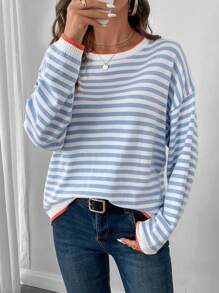 EMERY ROSE LUNE Striped Pattern Contrast Trim Drop Shoulder Sweater,Long Sleeve Tops
