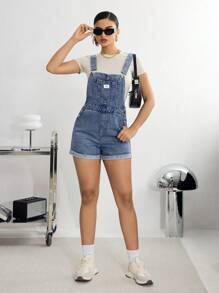 SHEIN ICON Women's Casual Letter Patched Pockets Denim Bib Shorts (T-Shirt Not Included) - Dark Wash - View 5