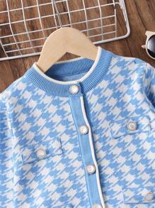 SHEIN 两件套女童秋季针织毛衣套装，蓝色千鸟格图案开衫和裙子 - 藍色 - 查看 4