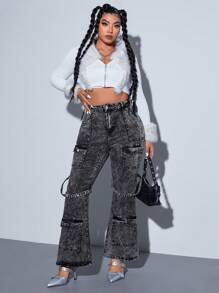 Quần Jeans ống loe túi hộp thường ngày cỡ lớn cho nữ - màu đen - Xem 4