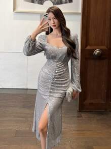 DAZY Women Square Neckline Sequin Side Slit Long Sleeve Midi Dress, Birthday ,New Year Eve Prom Dress