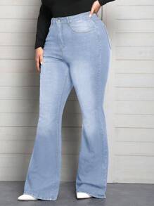 EMERY ROSE 女士大码长款紧身弹力喇叭牛仔裤 - 淺色水洗藍 - 查看 4