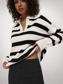 Forever 21 New Autumn/Winter V-Neck Loose Striped Casual Knit Sweater Long Sleeve Women Sweater Black And White Striped Long Sleeve Zebra Print Pullover Halloween Sweatshirt Fall Clothes Halloween Clothes Fall Sweaters  Street Wear Women  Winter Women Outfits Christmas Sweatshirt Women Costumes Homecoming Brunch Women Outfit Sweatshirt Sweater