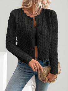 EMERY ROSE Women's Round Neck Hollow Front Button Cardigan Knitted Sweater Jacket, Autumn And Winter Crop Cardiganshort Cardiganblack Cardigan Woman Fall Cloth For Women - Black - View 5