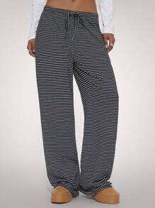 Forever 21 Women's Casual Striped Drawstring Waist Pants, Autumn - Black - View 5