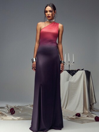 Damen Asymmetrisches Neckholder Ärmellos Farbverlauf Elegantes Kleid