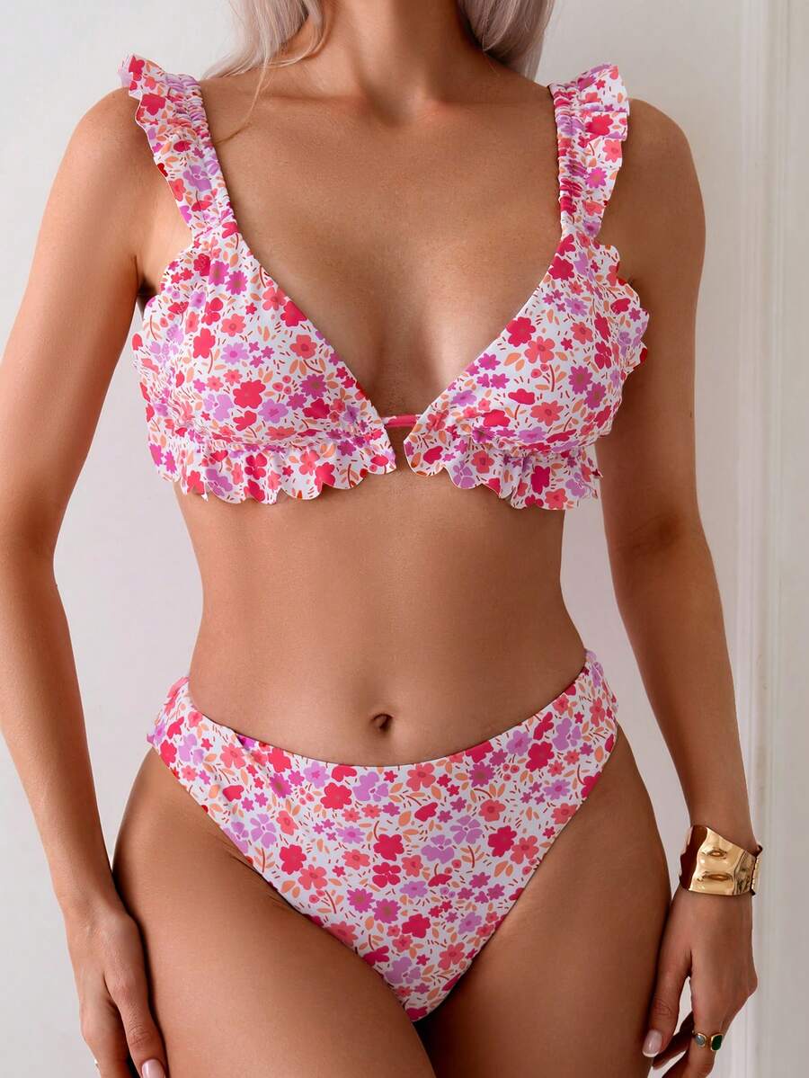 SHEIN Swim Bộ Bikini Sexy Ruffle Edge Hoa Bãi Biển Cho Nữ Mùa Hè - Màu tím - Xem 1