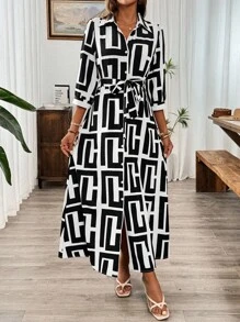 SHEIN Clasi 棕色图案印花 3/4 袖长款纽扣连衣裙 - 黑與白 - 查看 5