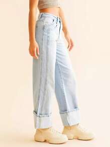 女士前扣口袋简约牛仔裤，休闲日常穿着 - 淺色水洗藍 - 查看 3