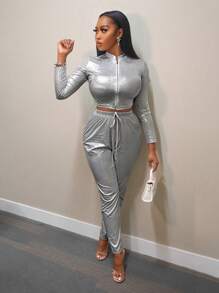 Zolique 2 件套女式金属色长袖上衣和裤子套装，秋季 - 銀色 - 查看 4