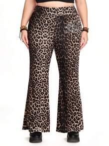 ROMWE Hippie Pantalon pattes d'éléphant avec incrustations de strass crâne en velours imprimé léopard vintage Y2K, grande taille