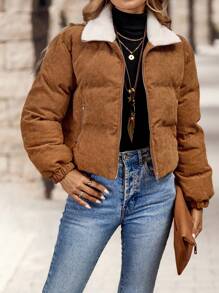 EMERY ROSE Women's Casual Thermal Lined Zip-Up Contrast Fur Collar Padded Coat, Autumn Winter - Khaki - View 6