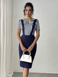 Chiquease 法式奢华夏季休闲条纹短袖高端淑女连衣裙，随机花卉图案 - 藍白色 - 查看 6