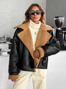 EURMUSE Motorcycle Jacket With Teddy Lining, Zipper, PU Leather - Black - View 7