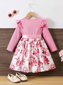 Vestido de manga larga con estampado floral, volantes en el bajo, lazo en la cintura, apropiado para primavera y otoño, para niñas - Rosa - Ver 2