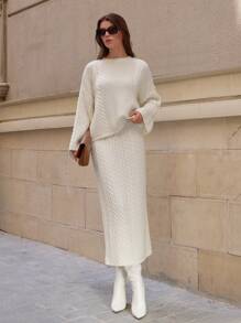 SHEIN Cottnline Korean Style Vintage Soft White Ribbed Knitted Sweater & Skirt 2-Piece Set For Women - White - View 1