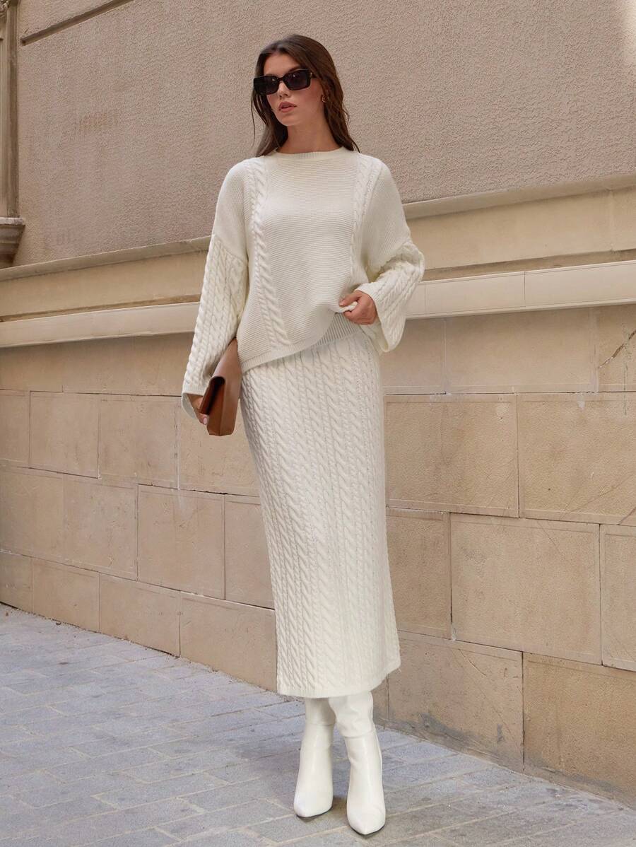 SHEIN Cottnline Korean Style Vintage Soft White Ribbed Knitted Sweater & Skirt 2-Piece Set For Women - White - View 1