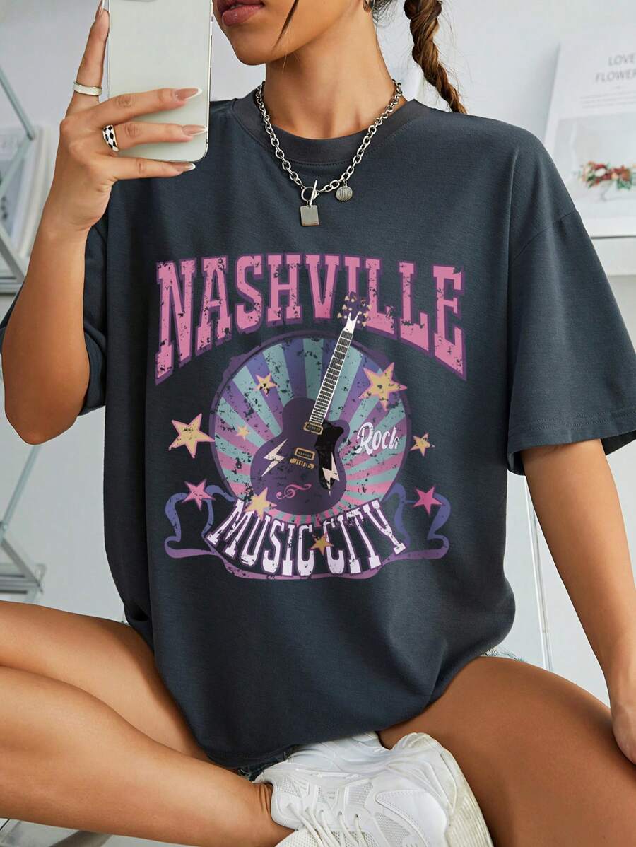 INAWLY 女士宽松休闲吉他和纳什维尔字母图案短袖 T 恤，适合音乐节、春夏季 - 深灰色 - 查看 1