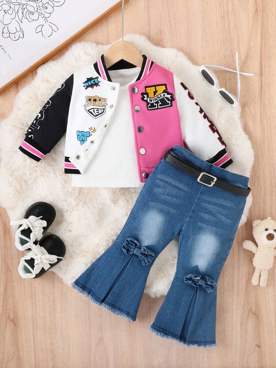 SHEIN 女婴休闲时尚街头棒球夹克和喇叭裤套装，春秋 - 玫紅色 - 查看 1