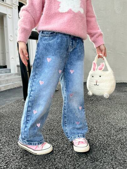 SHEIN 年轻女孩时尚爱心刺绣宽松直筒休闲牛仔裤