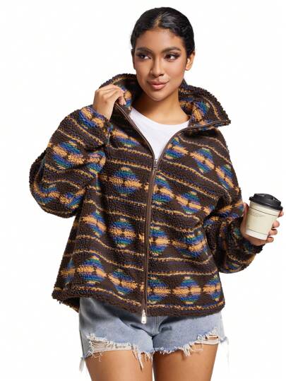 Gameset SHEIN Sport Damen Fleecejacke mit geometrischem Muster, Drop-Shoulder, Langarm, Reißverschluss, lässig, locker, für den Außenbereich, Winteroberteil für Damen