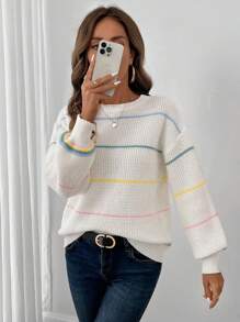 SHEIN LUNE Áo len sọc ngang cổ tròn tương phản bó sát LUNE dành cho nữ dành cho mùa thu đông - trắng - Xem 3