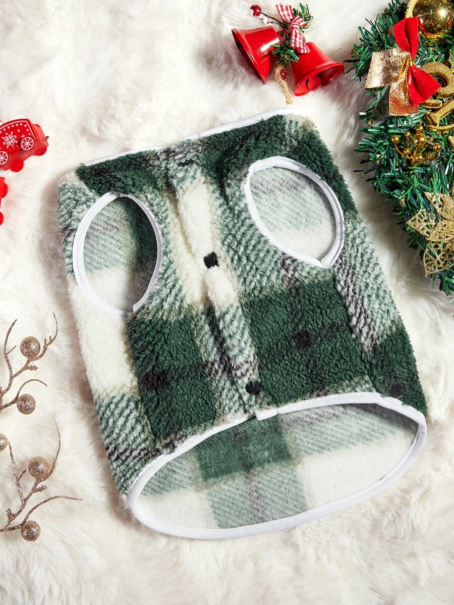 PETSIN 1 件宠物绿色格子双面羊毛保暖狗背心 - 彩色 - 查看 1