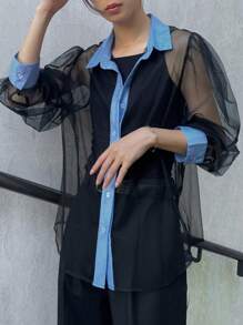 FRIFUL Women's Loose Fit Colorblock Puff Sleeve Shirt Sheer