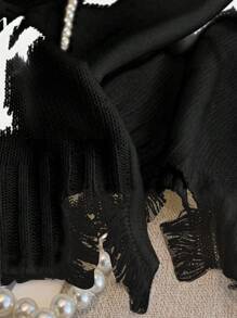 Chiquease Áo len nữ kiểu dáng thường ngày, họa tiết chéo, phong cách rách rưới, thích hợp cho mùa thu/đông. - màu đen - Xem 4