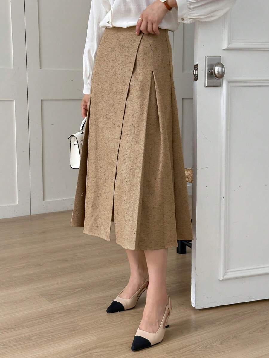 DAZY Women Solid Color Pleated A-Line Long Casual Work Skirt - Khaki - View 1