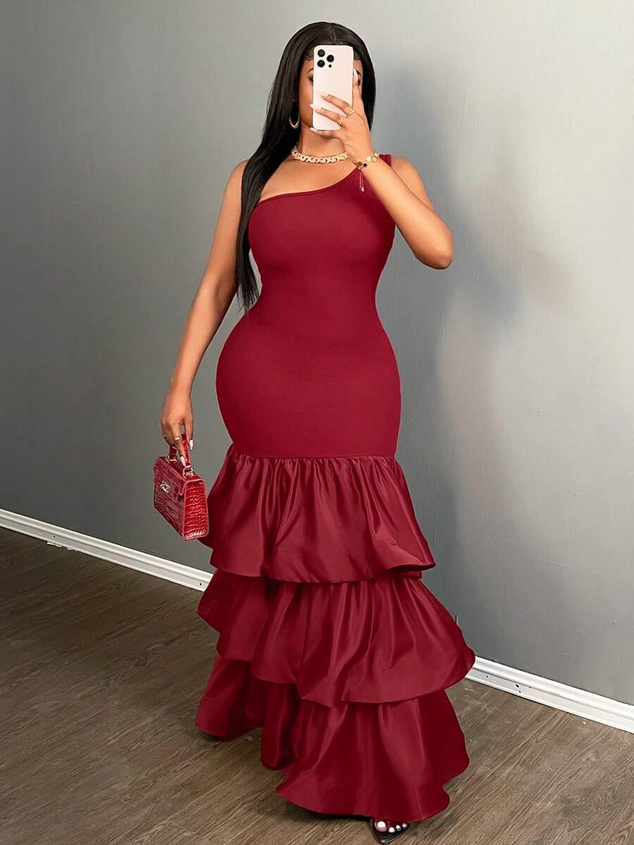 Slaydiva Women's Elegant Stretch Knit Plain Multi-Layered Hem One Shoulder Bodycon Dress - Burgundy - View 1