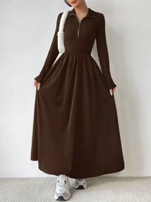 SHEIN EZwear Women's Solid Color Half Zip Long Sleeve Casual Dress - Brown - View 5