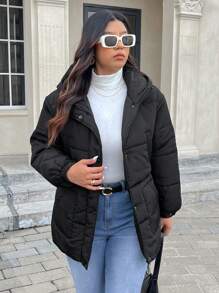 SHEIN Frenchy 1 chiếc áo khoác đệm màu đen cỡ lớn có mũ trùm đầu có thể tháo rời, cổ cao, 4 túi và thắt lưng kim loại, ấm áp và chống gió cho mùa đông - màu đen - Xem 4