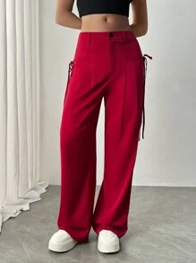 Chiquease Korean Style Summer New Loose High Waist Drawstring Wide Leg Pants For Women - Burgundy - View 5