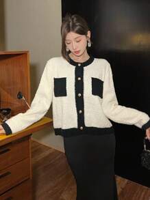 DAZY Áo khoác cardigan nữ cổ tròn tay dài có túi màu khối, quần áo nữ mùa thu - trắng - Xem 9