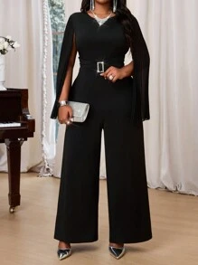 SHEIN Lady Eleganter schwarzer Jumpsuit mit Rundhalskragen, Glockenaärmeln und V-Ausschnitt in Große Größen für Herbst und Winter - Schwarz - Übersicht 3