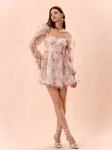 Enchnt Autumn/Winter Romantic Women's Sweetheart Elegant Floral Print Puff Sleeve Backless Dress,For Halloween&Christmas Party - White - View 5