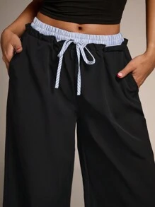 SHEIN BAE 女士黑色纯色日常外出/演唱会服装/狂欢派对服装/时尚高街/简约编织斜纹低腰松紧抽绳双腰撞色阔腿超长裤/秋季女裤/长裤/宽松女裤 - 黑色 - 查看 3