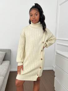 Gaun Sweater Rajut Lengan Panjang Kerah Tegak Kasual untuk Anak Perempuan Remaja, Musim Gugur/Dingin - Aprikot - View 1