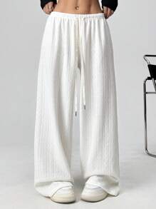 SHEIN EZwear Plus Size Women Drawstring Waist Wide Leg Loose Casual White Sweatpants - White - View 1