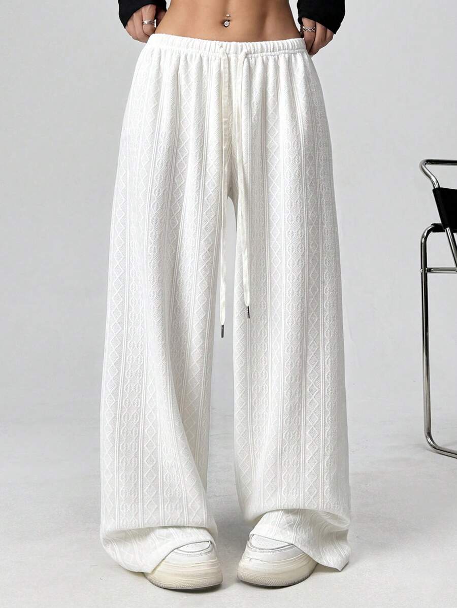 SHEIN EZwear Plus Size Women Drawstring Waist Wide Leg Loose Casual White Sweatpants - White - View 1