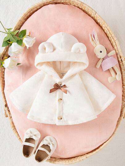 SHEIN Capa con capucha de borreguito para bebés niñas de 2-24M, gruesa y acogedora para otoño e invierno