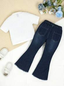 SHEIN 2pcs/Set Young Girl Butterfly Element Outfit Lace Split Flare Jeans + Butterfly Decor Short Sleeve T-Shirt