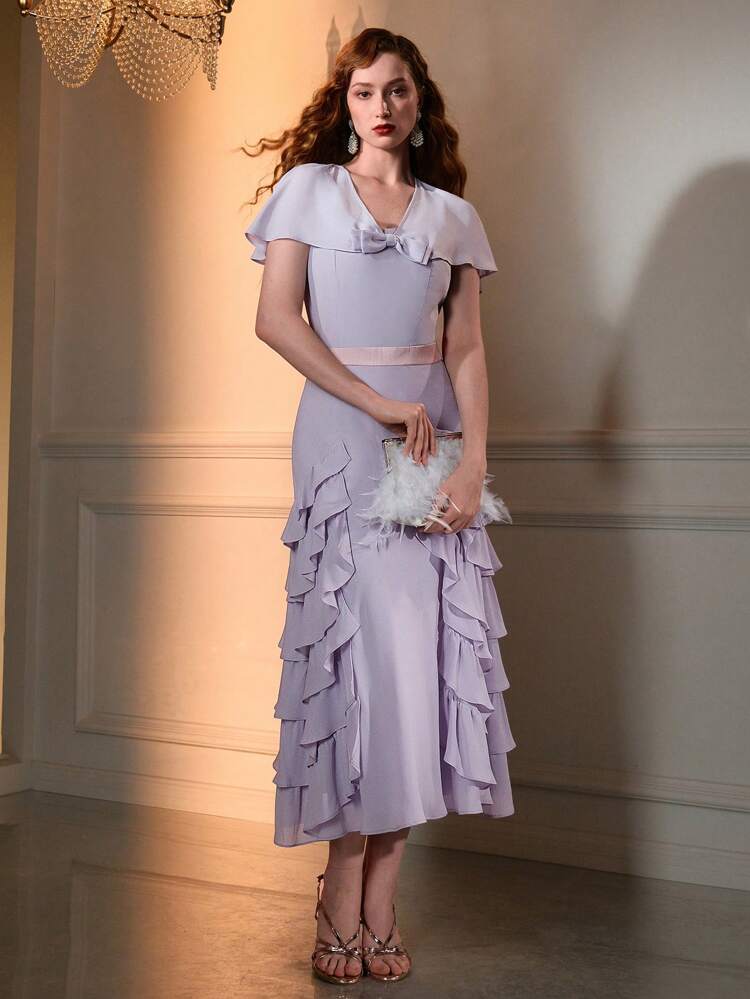 The Great Gatsby x MOTF CHIFFON V-NECK CAPE SLEEVE BOW FRONT LAYERED RUFFLE HEM DRESS