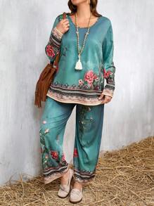2pcs Plus Size Women Holiday Floral Print Loose Blouse And Wide-Leg Pants Set