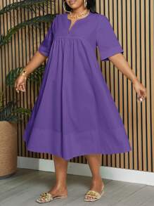 Slaydiva 女式加大码宽松纯白色短袖船领 A 字形及膝连衣裙，适合优雅、通勤、度假和日常穿着，春夏 - 紫色 - 查看 3