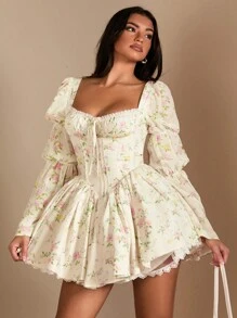 SHEIN BAE 女士长袖复古碎花浪漫荷叶边蕾丝边泡泡袖公主裙，适合浪漫约会、晚间外出、派对和庆祝活动 - 彩色 - 查看 6