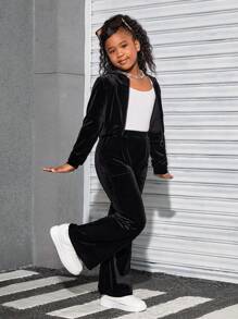 SHEIN Tween Girls' Velvet Hooded Cardigan & Pants Sporty Casual Set