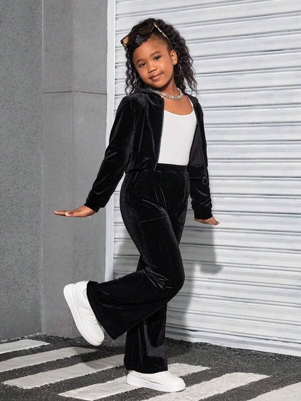 SHEIN Conjunto deportivo informal para niña preadolescente, con chaqueta de cárdigan con capucha de terciopelo y pantalones