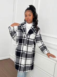 SHEIN Tween Girl 休闲纯色双面羊毛千鸟格翻领开衫夹克